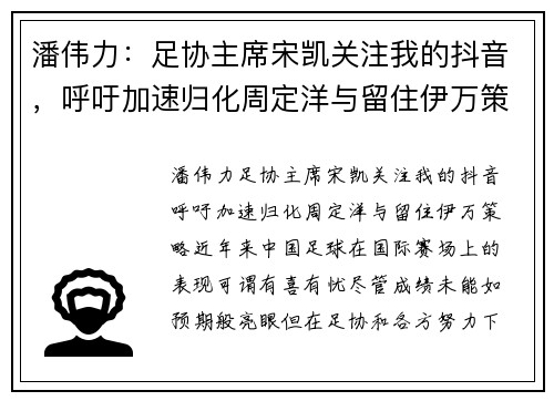 潘伟力：足协主席宋凯关注我的抖音，呼吁加速归化周定洋与留住伊万策略