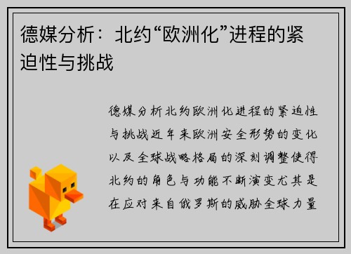 德媒分析：北约“欧洲化”进程的紧迫性与挑战