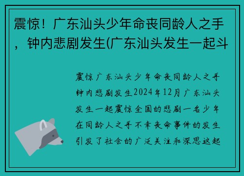 震惊！广东汕头少年命丧同龄人之手，钟内悲剧发生(广东汕头发生一起斗殴)