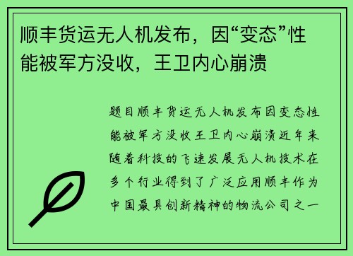 顺丰货运无人机发布，因“变态”性能被军方没收，王卫内心崩溃